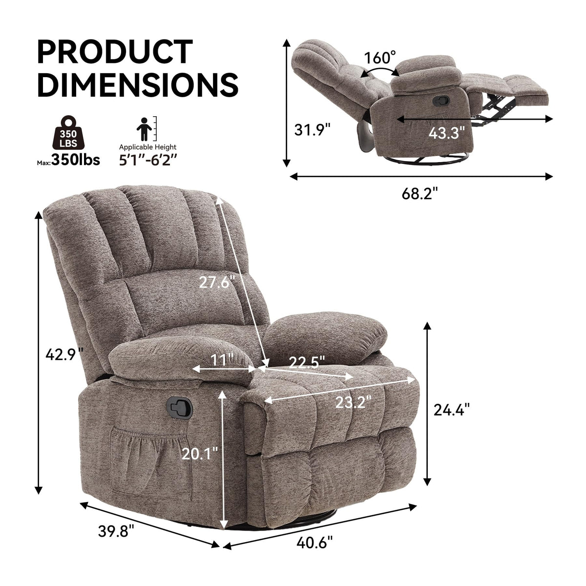WILLOVE 41" Oversized Rocker Recliner Chair, Rocking Recliners Overstuffed Soft Big Man Manual Recliner, Extra Large Chenille Living Room Chair 350 LBS Capacity, Grey, L