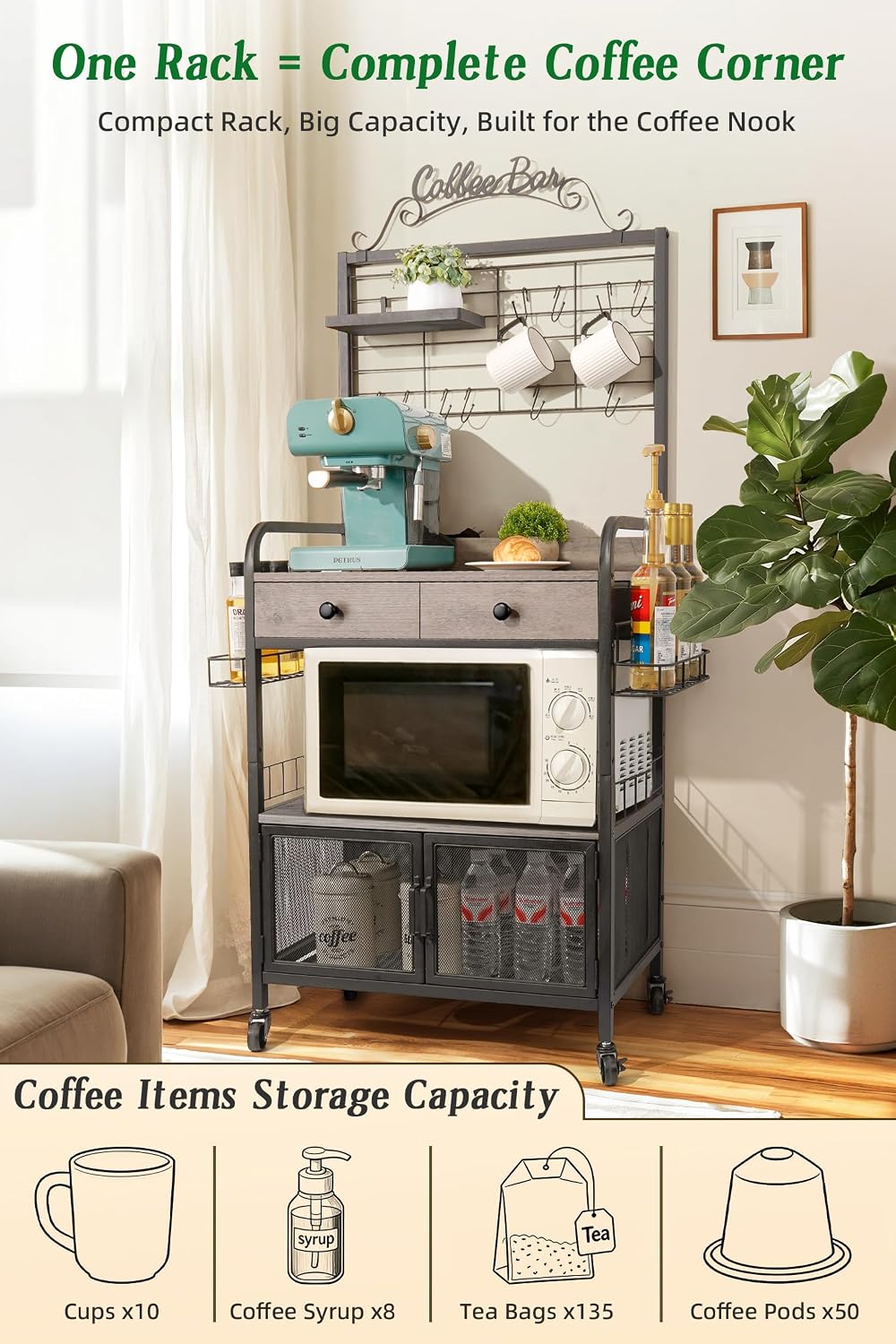 Coffee Bar Cabinet with Storage, Coffee Cart with Wheels, Coffee Station with Coffee Bar Sign and Mug Hook, Corner Coffee Bar Table with Drawer, Bakers Rack for Kitchen Dining Room Living Room Nook