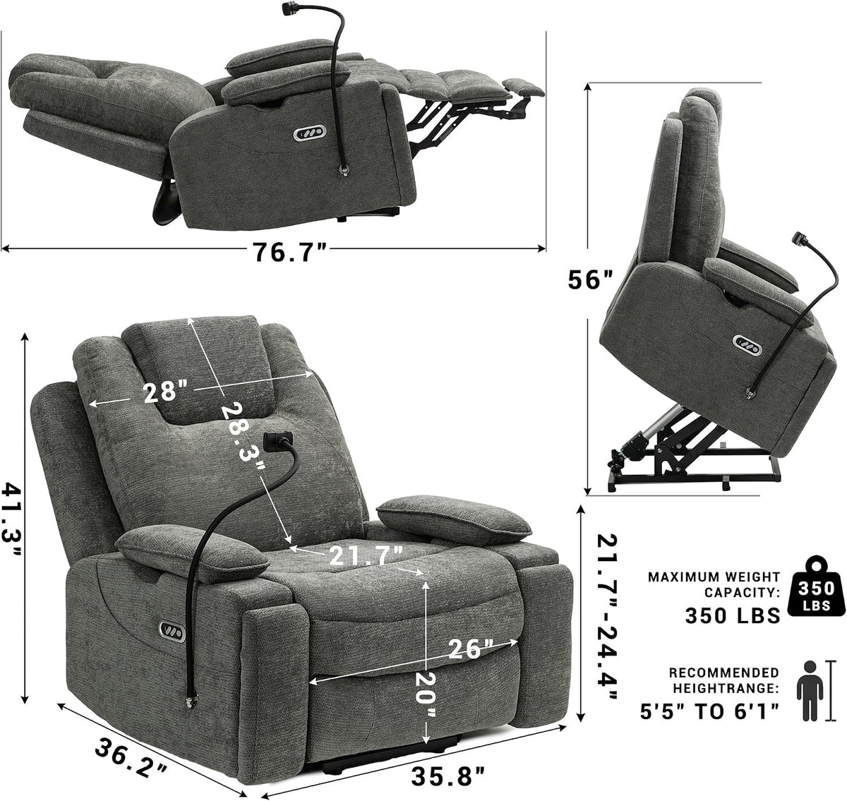Oversized Dual Motor Recliner Power Lift Chair for Elderly Big Tall, Zero-Gravity Power Recliner Sofa, 350lbs Heavy Duty Seat with 4D Armrests, Phone Slot, Full Lay-Flat Positioning, Gray