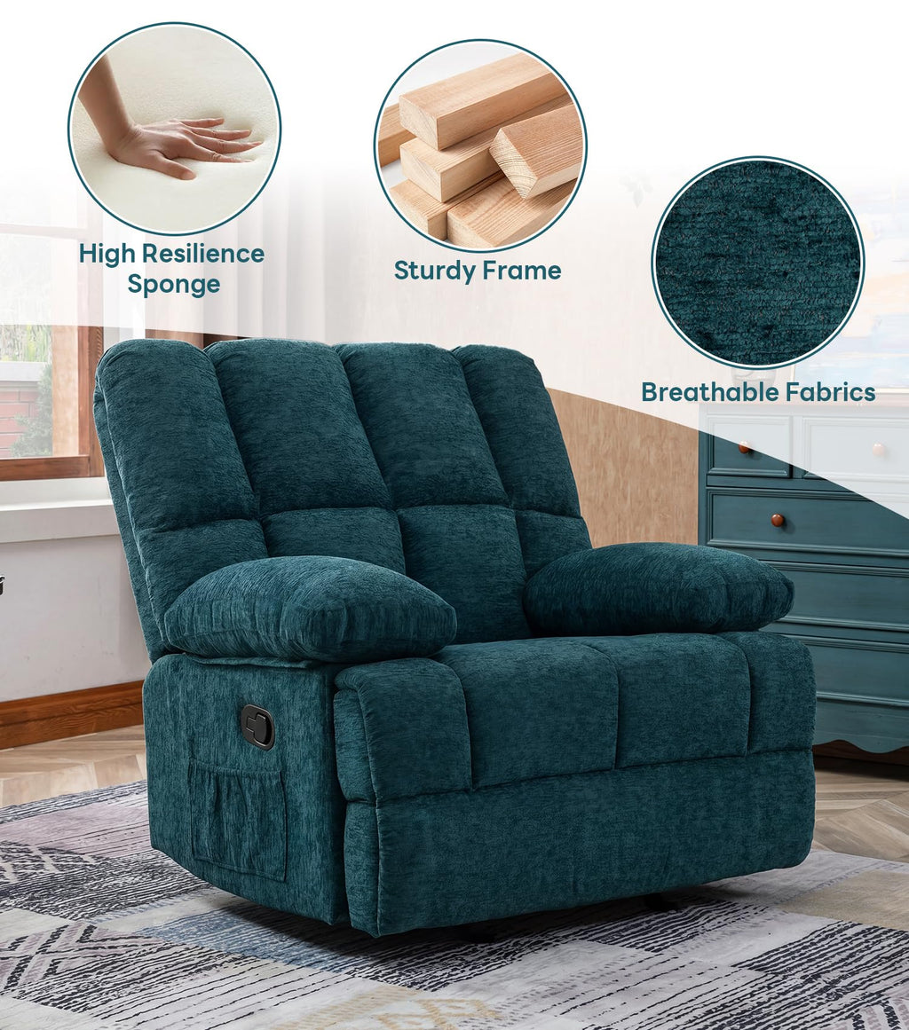 WILLOVE 41" Oversized Rocker Recliner Chair, Rocking Recliners Overstuffed Soft Big Man Manual Recliner, Extra Large Chenille Living Room Chair 350 LBS Capacity, Grey, L