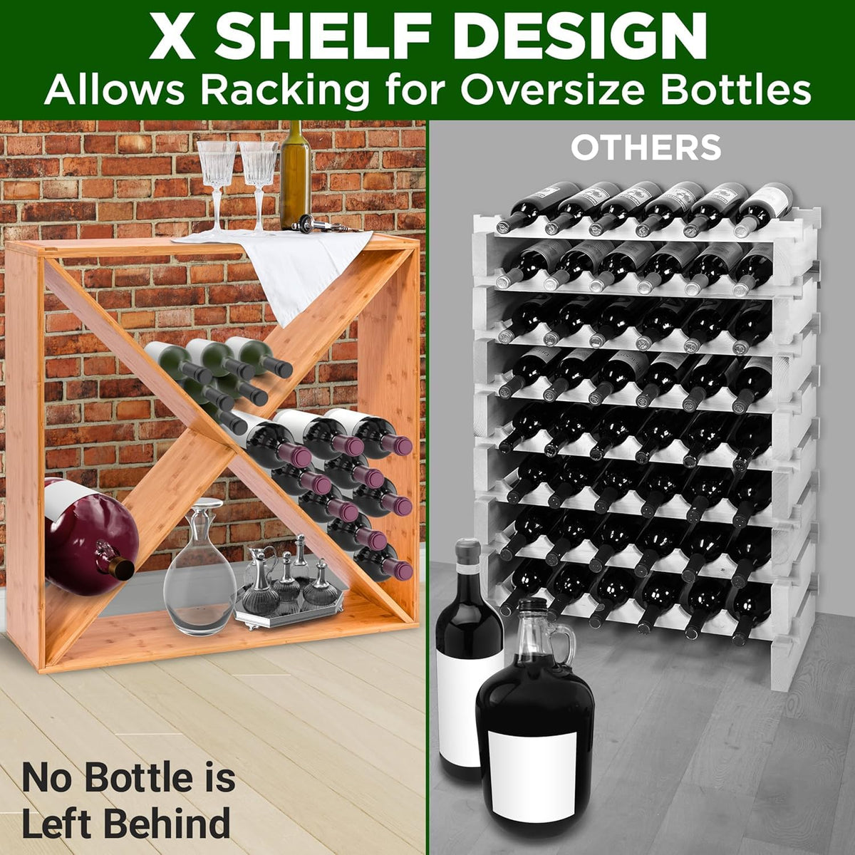 NutriChef 108 Bottle Stackable Modular Wine Rack, Upgraded 1â Thick Sideboard, .5â Rack Sticks, Sturdy Wobble Free Natural Bamboo Construction, Protective Moisture Resistant Finish, 33.5" x 10" x 63"