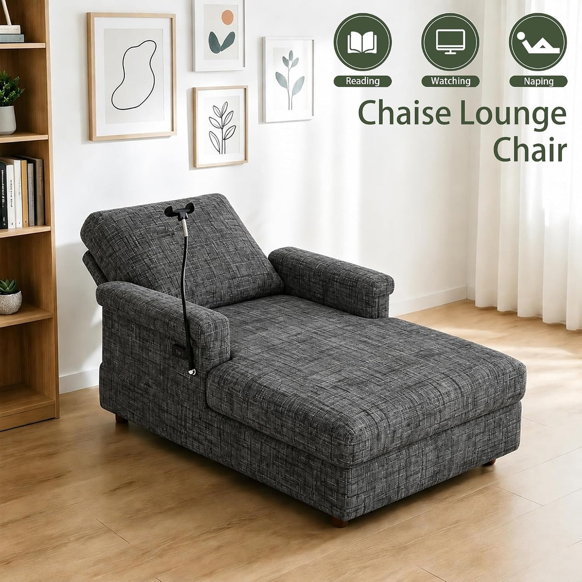 EJUNQ 66.5" Oversized Chaise Lounge Chair Indoorï¼Cozy Sofa Bed with Phone Holder and USB Chargerï¼Upholstered Deep Seat Sleeper Sofa Bedï¼Comfy Single Sofa Armchair for Living Room, Grey
