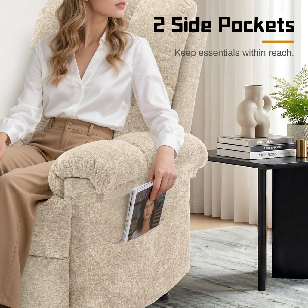 Korser Recliner Chair, Living Room Recliner Chairs for Adults, Small Recliners for Small Spaces, Upholstered Manual Recliner with Side Pockets, Comfy Nursery Chair for Living Room, Chenille, Beige
