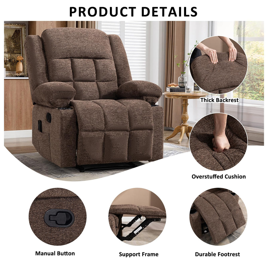 EBELLO Manual Recliner Chair for Adults with Vibration Massage and Lumbar Heating, Soft Fabric Recliner Single Sofa with Side Pocket and Two Cup Holders for Living Room, Grey