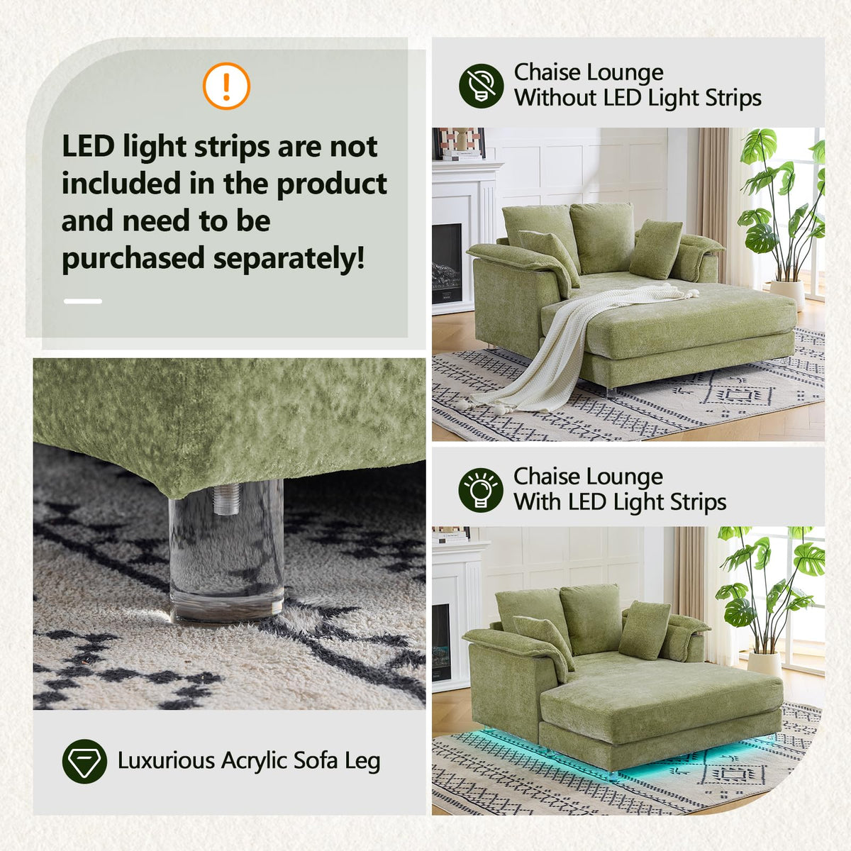 VINGLI 56" Wide Oversized Chaise Lounge Chair with Plush Padded Armrests