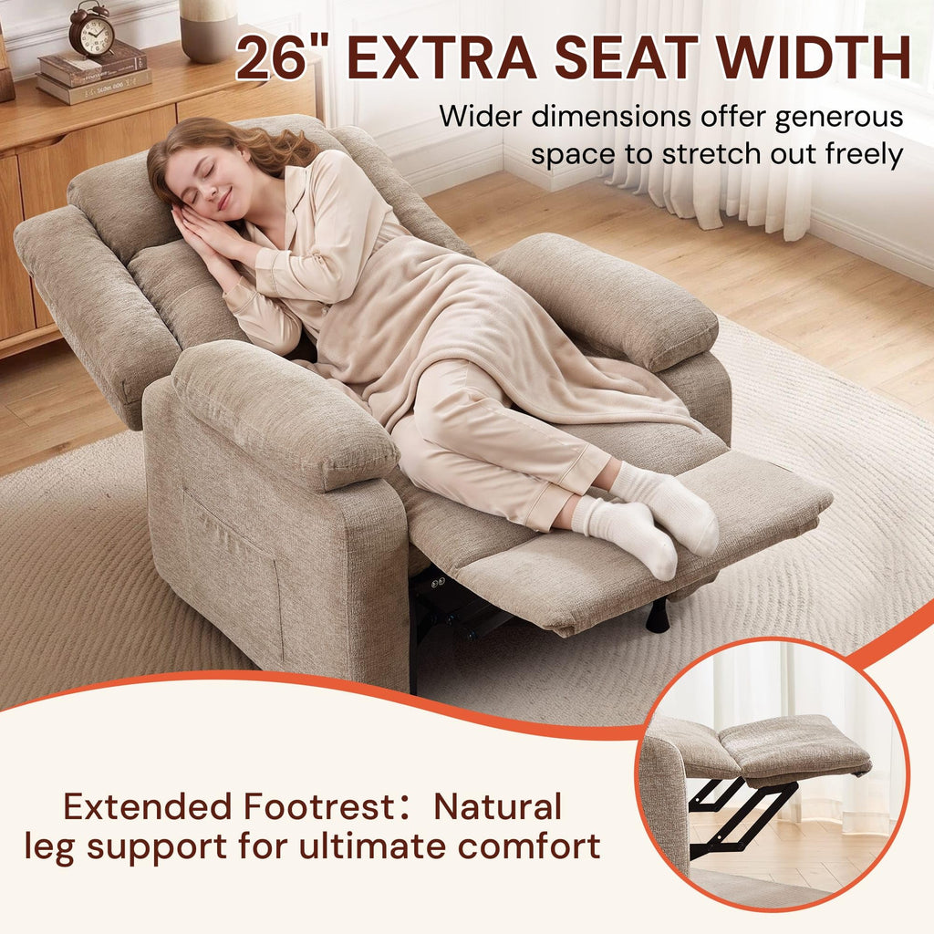 Korser Power Recliner Chair for Adults, Oversized Electric Recliner with Thickened Cushions, Reclining Chair for Bedroom, Living Room Chairs with Side Pockets, Chenille