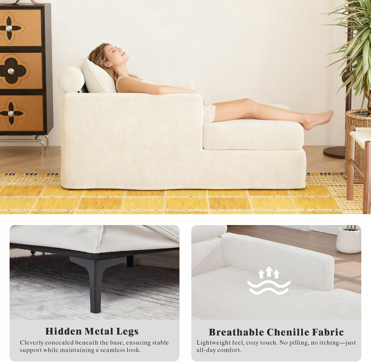 Modern 32''W Chaise Lounge with Armrest (Hold Right Arm), Indoor Recliner, Comfy Deep Seat Sleeper Chair Single Sofa Bed for Apartment, Living Room, Ivory L.