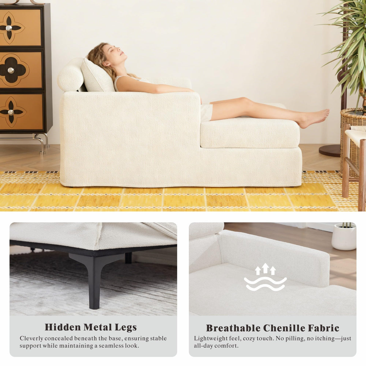 Modern 32''W Chaise Lounge with Armrest (Hold Right Arm), Indoor Recliner, Comfy Deep Seat Sleeper Chair Single Sofa Bed for Apartment, Living Room, Ivory L.