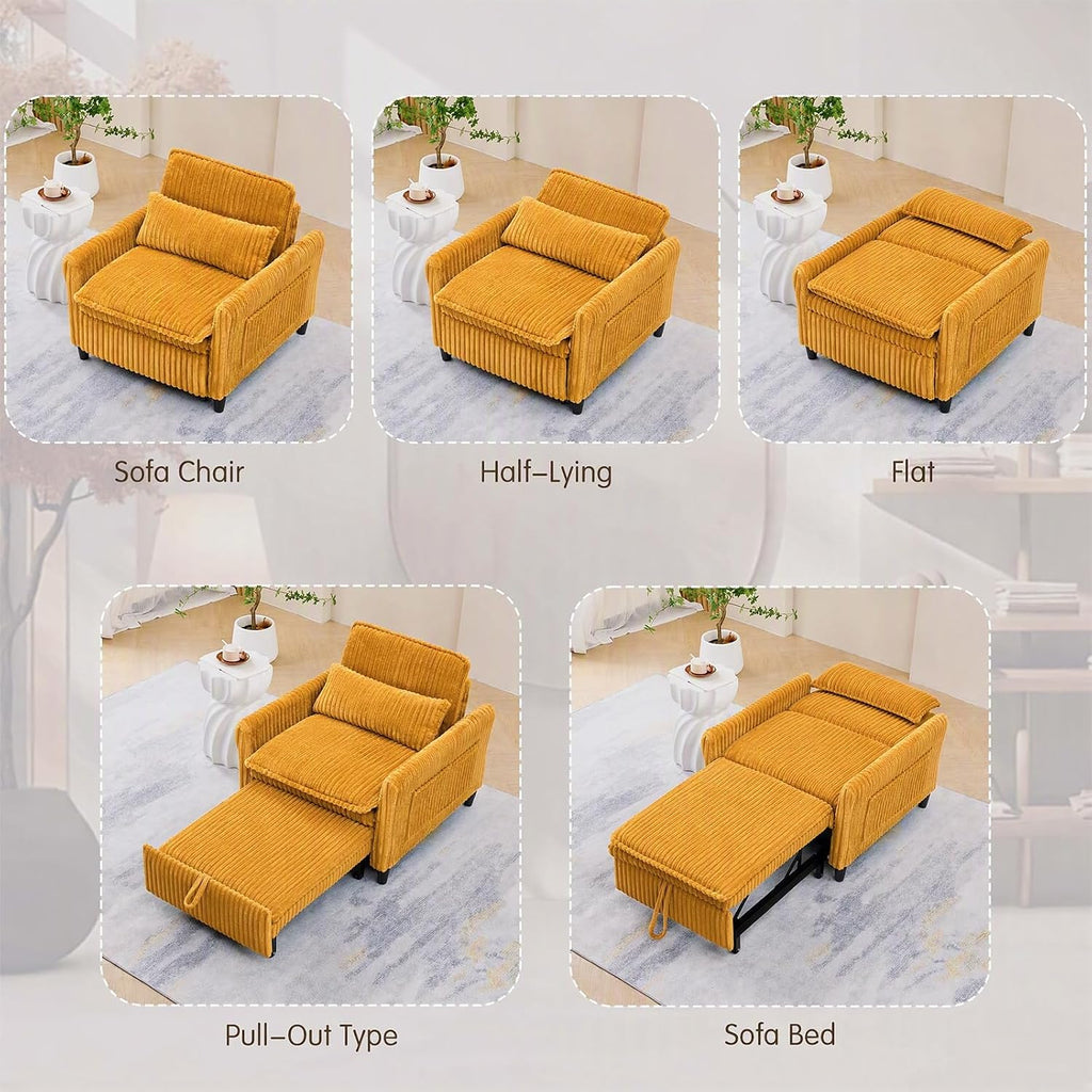 32" Convertible Sofa Chair Bed, 3âinâ1 Pullâout Sleeper Chair with Corduroy Fabric, Adjustable Backrest & Side Storage Pockets, SpaceâSaving Design for Living Room, Apartment, Bedroom (Yellow)