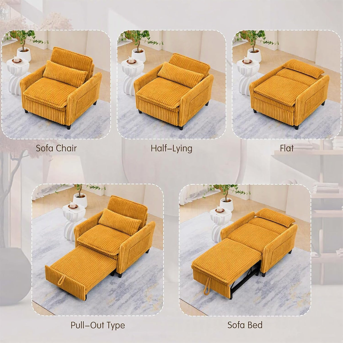 32" Convertible Sofa Chair Bed, 3âinâ1 Pullâout Sleeper Chair with Corduroy Fabric, Adjustable Backrest & Side Storage Pockets, SpaceâSaving Design for Living Room, Apartment, Bedroom (Yellow)