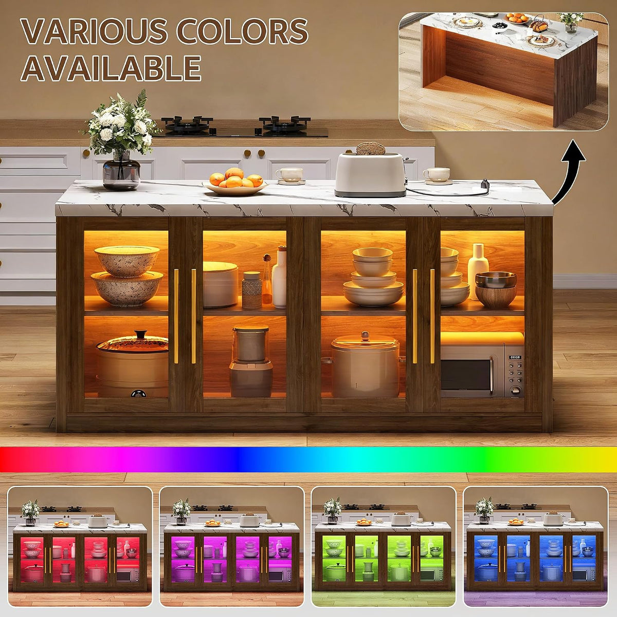 Kitchen Island with Storage, 55" Large Island Table with LED Light