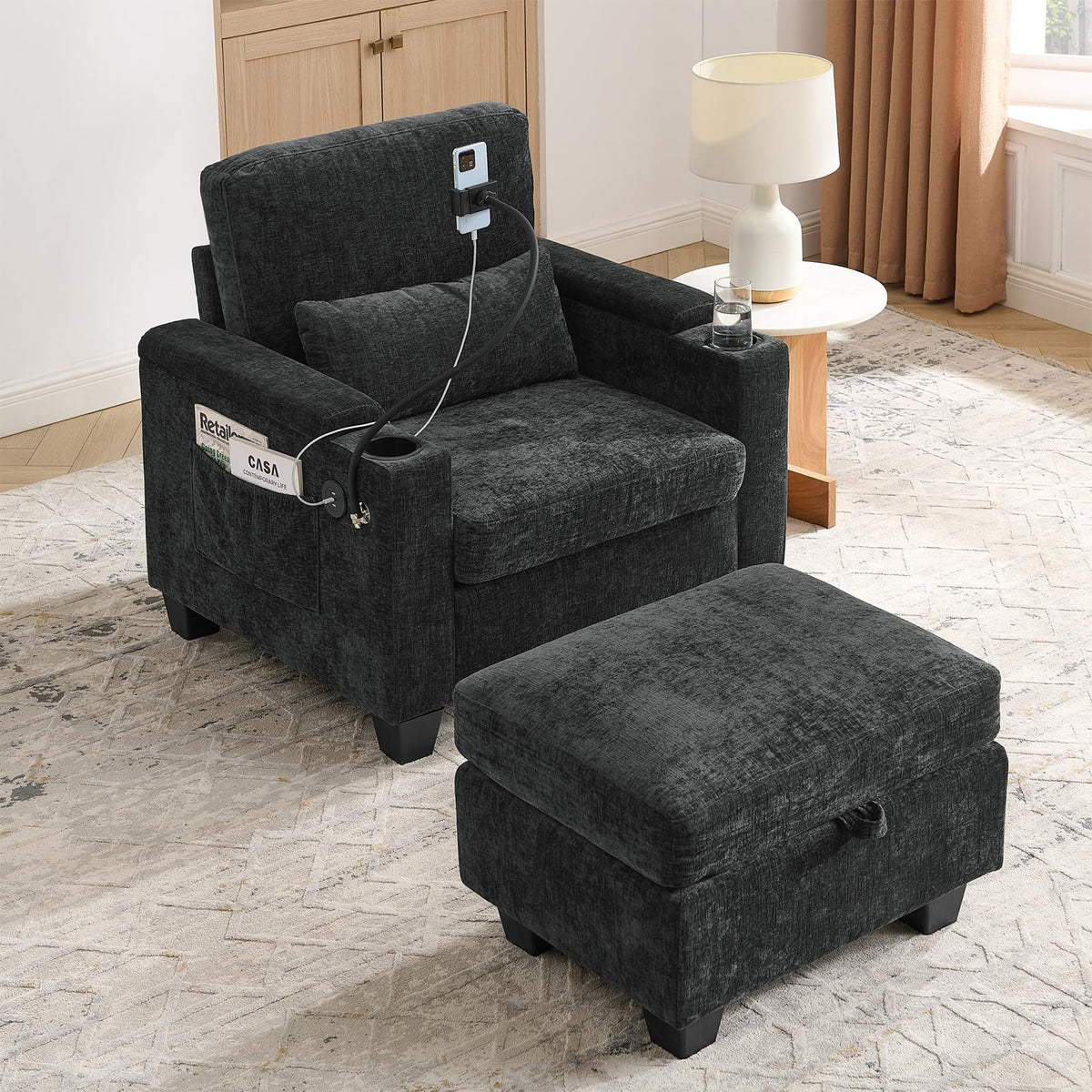 Oversized Chaise Lounge Chair Indoor, Single Convertible Recliner Reading Arm Sofa Chair W/Adjustable Backrest & Charging Port Couch Bed for Living Room, Home Theater & Bedroom, Brown