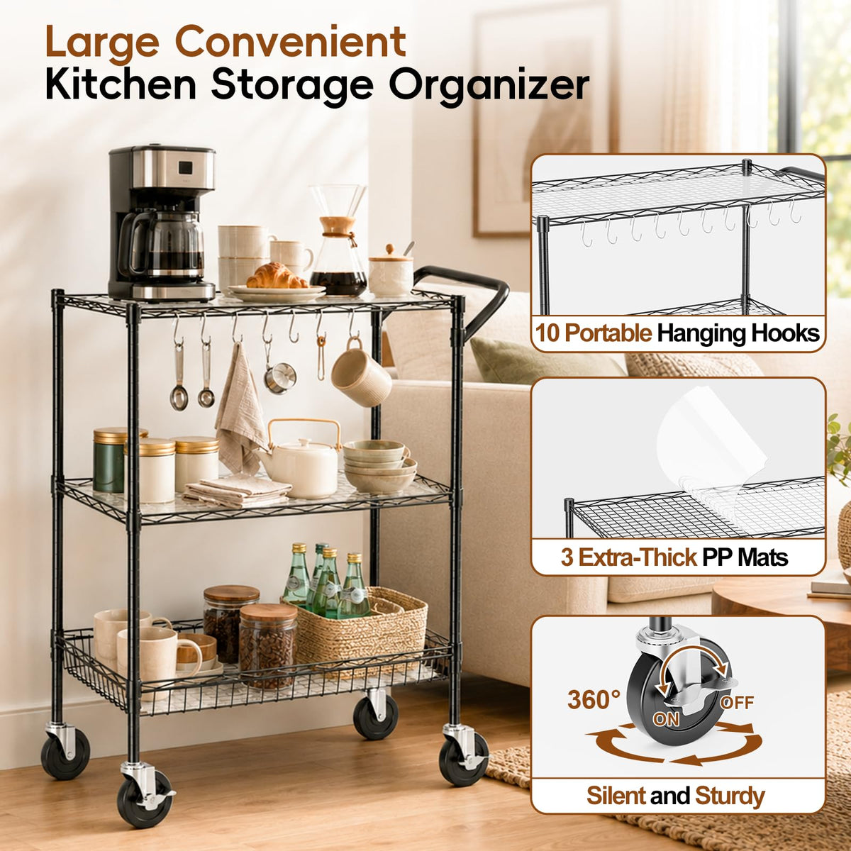 3-Tier Kitchen Storage Cart with Wheels, Rolling Utility Cart