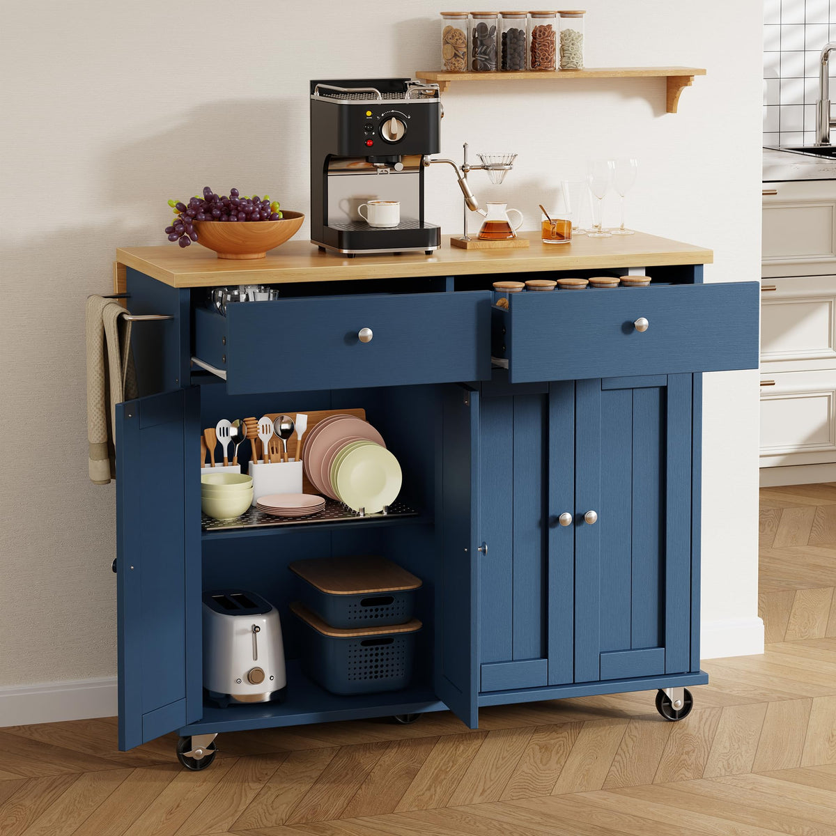 Shintenchi Kitchen Island with Drop Leaf, Rolling Kitchen Cart with Storage on Wheels, Table Bar Cart for Kitchen with Towel Rack & Seating Area for Dining Room, White