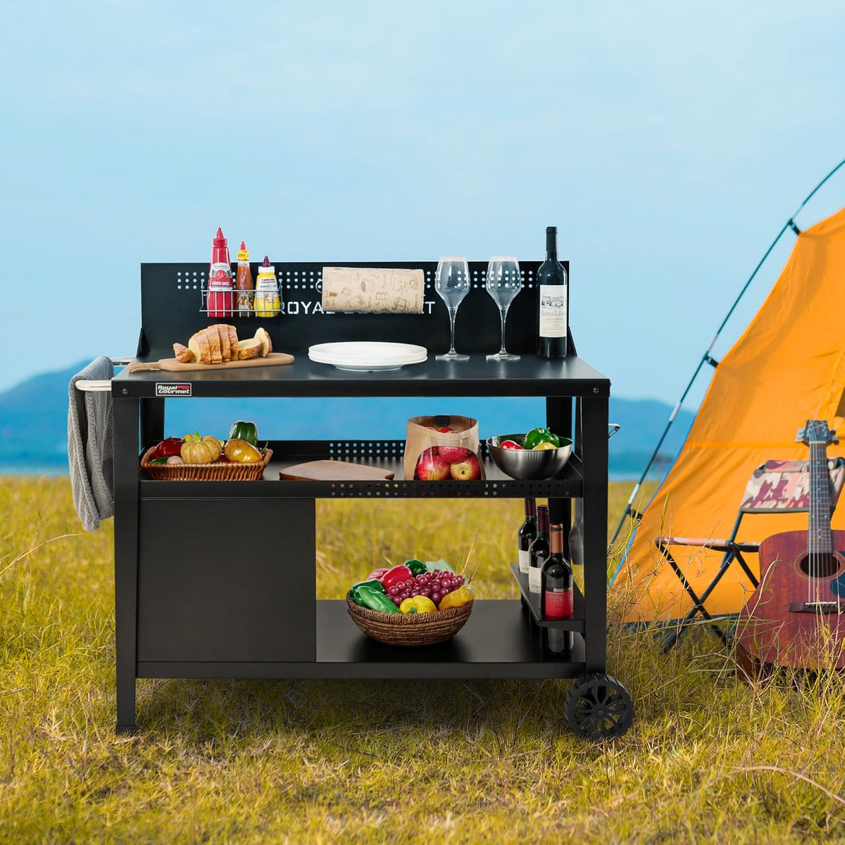 Royal Gourmet PC4401B 3-Tier Dining Cart with Wind Guard, Black