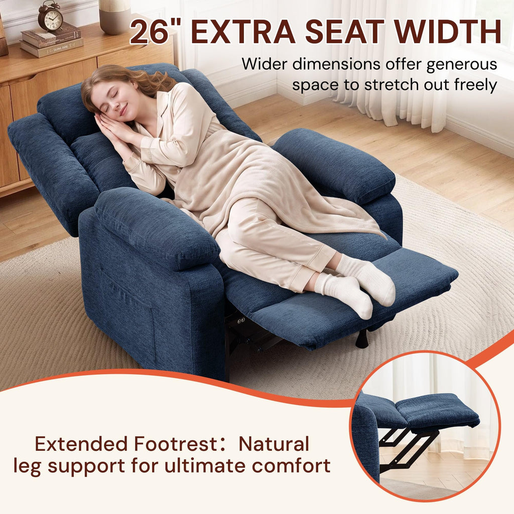 Korser Power Recliner Chair for Adults, Oversized Electric Recliner with Thickened Cushions, Reclining Chair for Bedroom, Living Room Chairs with Side Pockets, Chenille