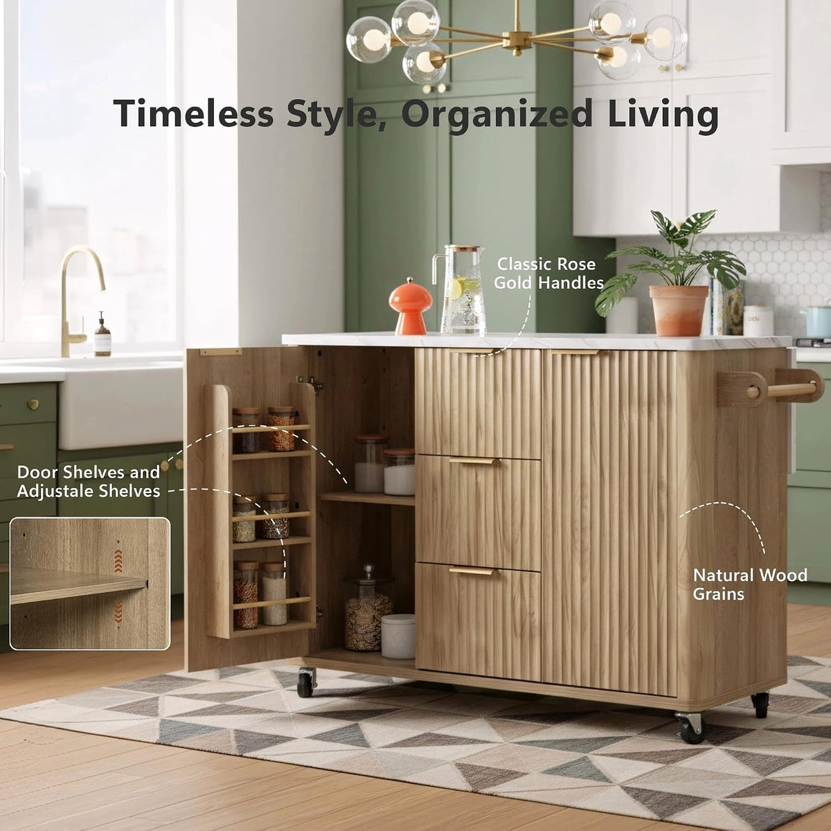 Large Fluted Kitchen Island Cart on Wheels with Storage, Natural
