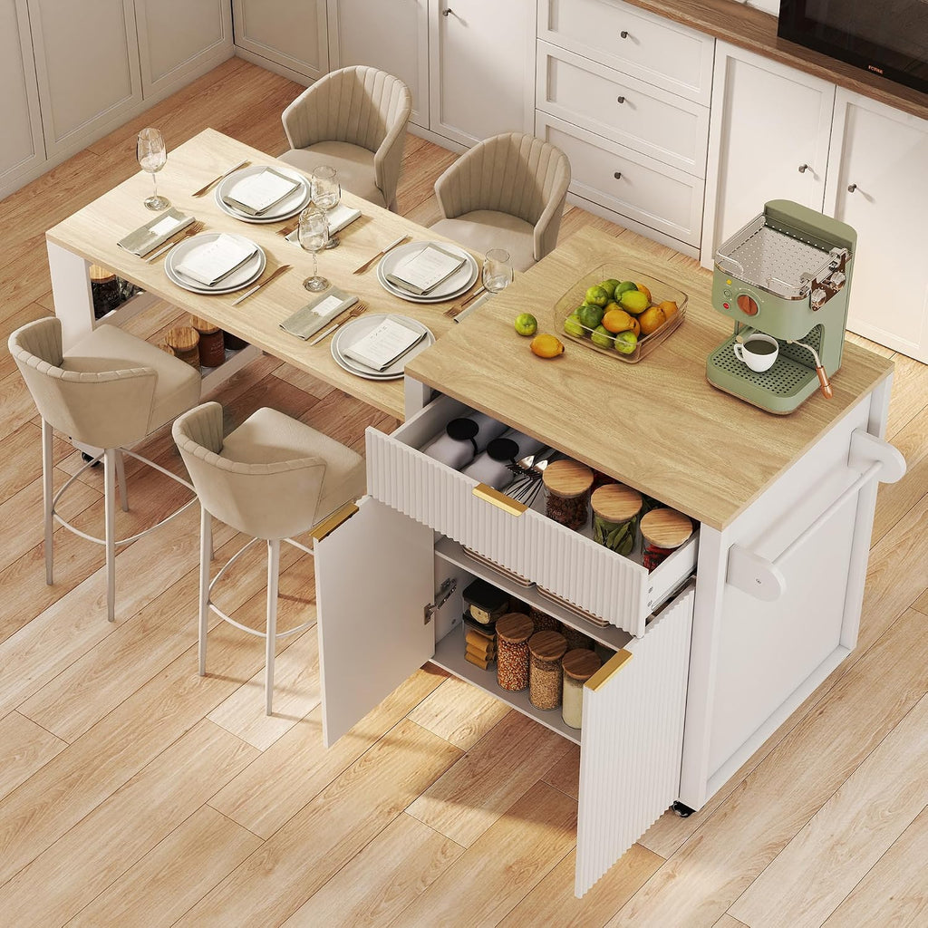 Rolling Kitchen Island with Extendable Dining Table, 75.8" Kitchen Cart on Wheels, Mobile Island Table with Storage Drawers, Open Side Shelf& Power Outlet for Kitchen, Dining Room (White)