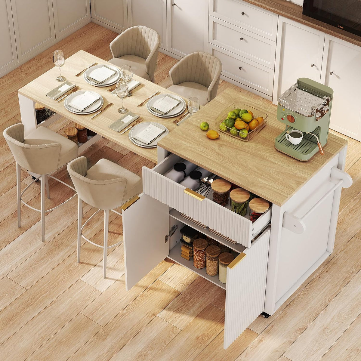 Rolling Kitchen Island with Extendable Dining Table, 75.8" Kitchen Cart on Wheels, Mobile Island Table with Storage Drawers, Open Side Shelf& Power Outlet for Kitchen, Dining Room (White)