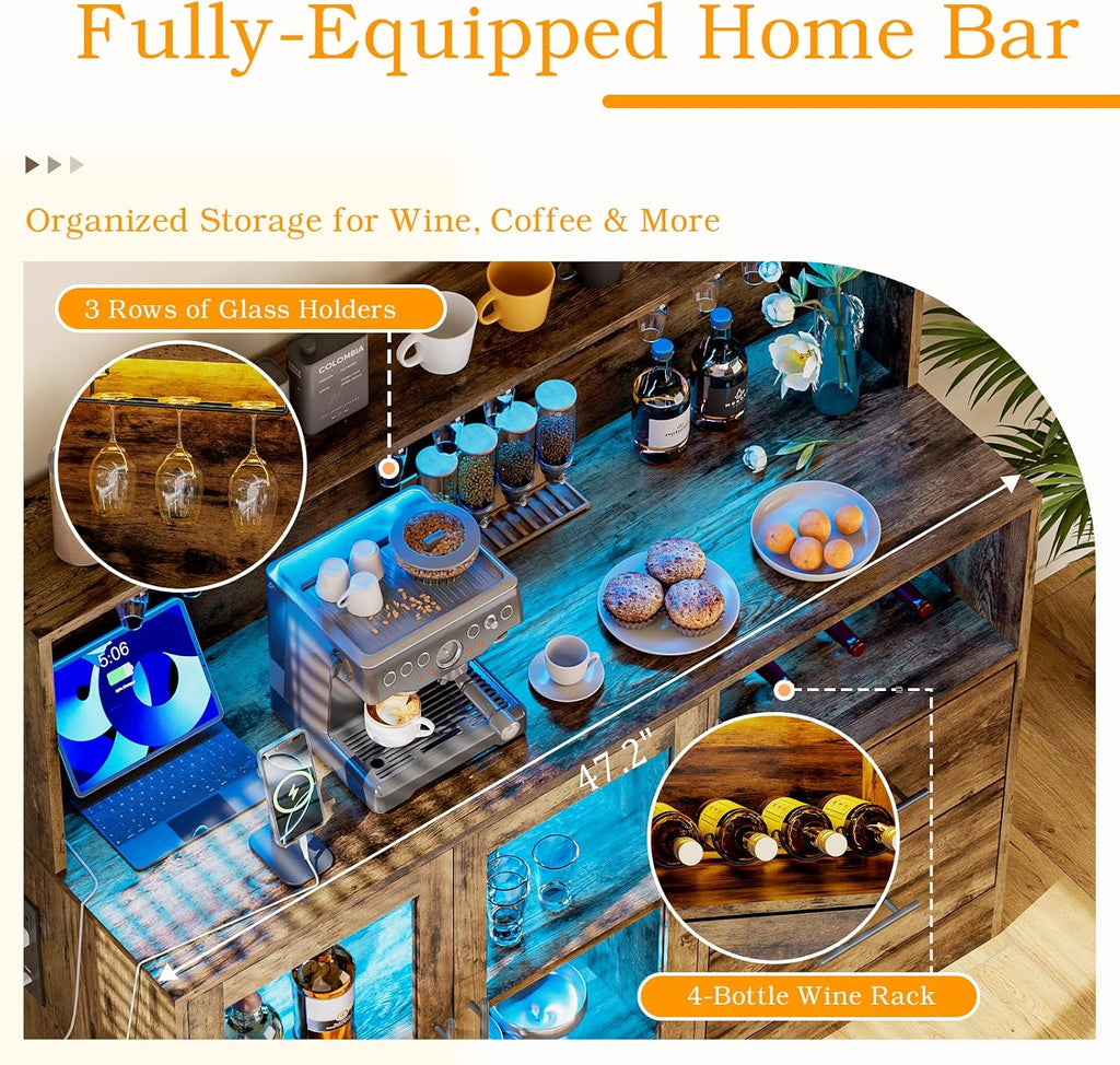 Home Bar Cabinet with Adjustable RGB LED Light, Wine & Coffee Storage with Rack & Drawers, Charging Station, Modern Liquor Cabinet for Living & Dining Room, All-in-One Wine Bar Cabinet (Rustic)