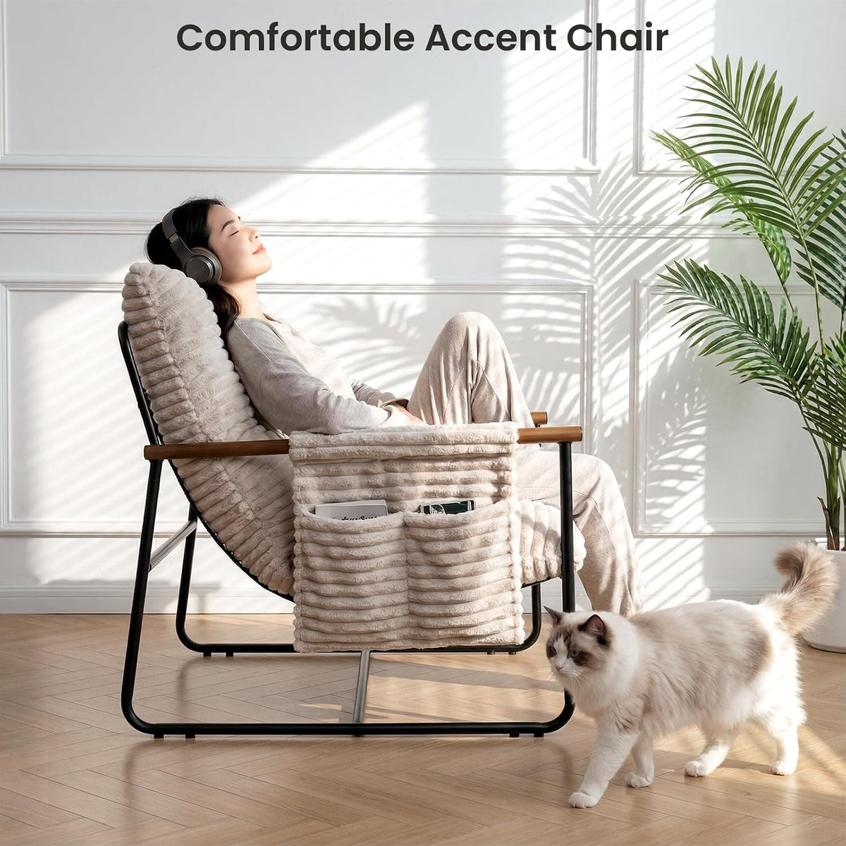 Comfy Accent Chair Cozy Reclining Sleeper Oversized Recliner Arm Chairs for Living Room Modern Lounge Armchair with Wood Armrests Sturdy Upholstered Single Sofa for Bedroom Home Office