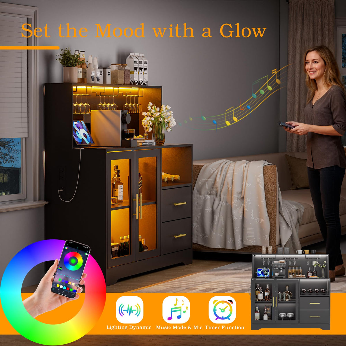 Home Bar Cabinet with Adjustable RGB LED Light, Wine & Coffee Storage with Rack & Drawers, Charging Station, Modern Liquor Cabinet for Living & Dining Room, All-in-One Wine Bar Cabinet (Rustic)