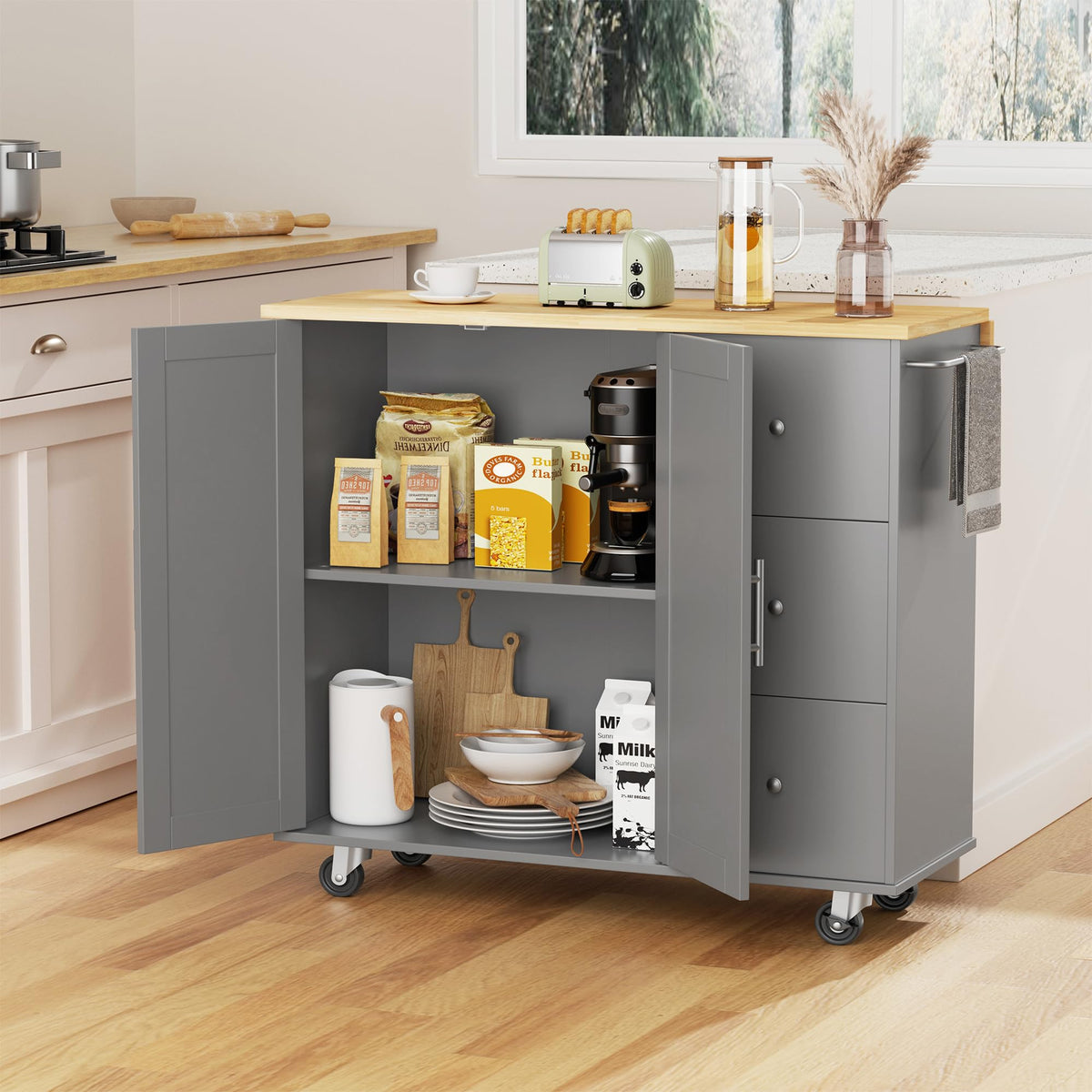 JY QAQA 40" Kitchen Island Cart Furniture cart on Wheels Rolling Portable Dining Room Serving Utility Carts Mobile Movable with Drawers Cabinet,Black