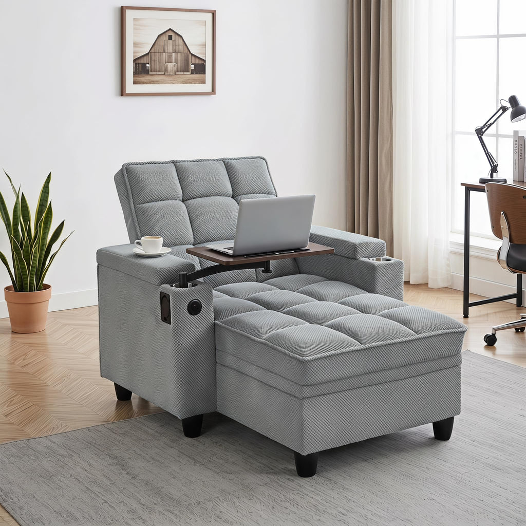 Convertible Sleeper Chair, Pull Out Sofa Bed with Adjustable Backrest & Hidden Storage Armrest, Single Sofa Recliner with USB Charging Port & Cup Holders for Living Room, Bedroom, Dark Gray