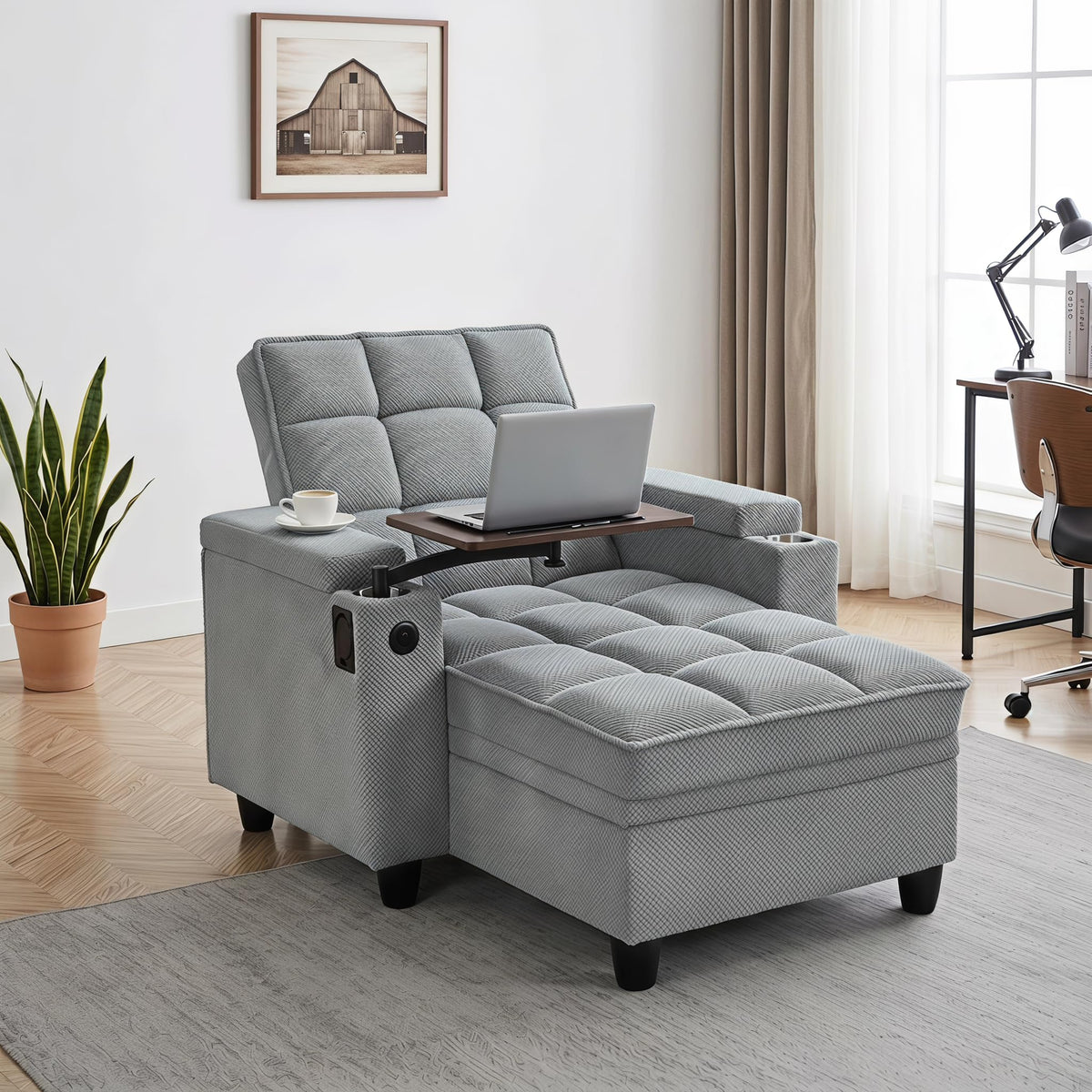 Convertible Sleeper Chair, Pull Out Sofa Bed with Adjustable Backrest & Hidden Storage Armrest, Single Sofa Recliner with USB Charging Port & Cup Holders for Living Room, Bedroom, Dark Gray