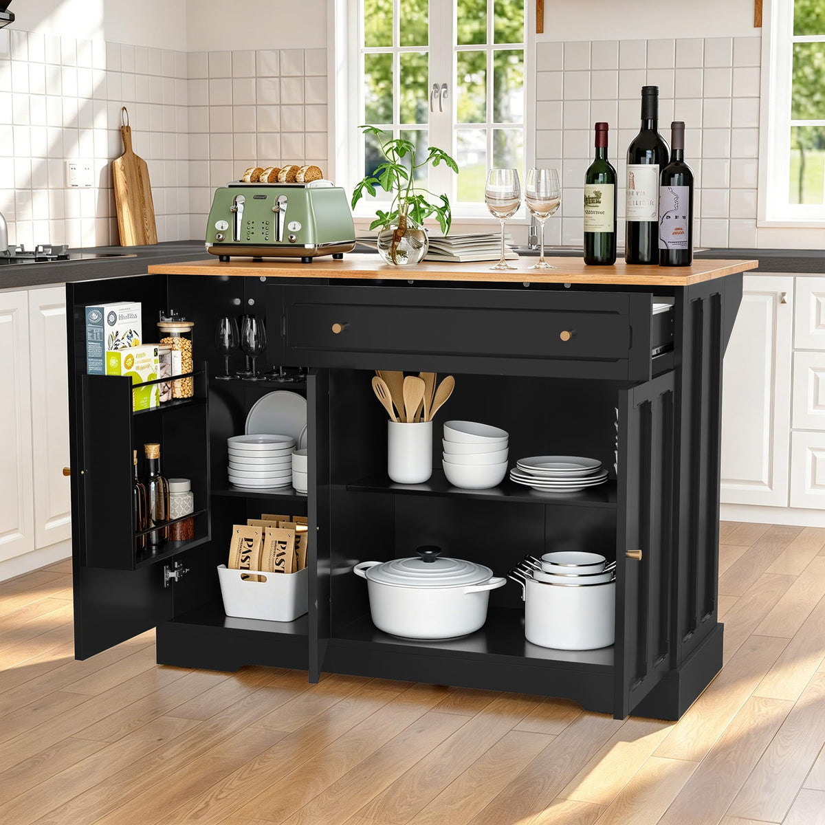 HLR Kitchen Island with Drop Leaf & Storage, Solid Rubber Wood Top Rolling Kitchen Cart with Carved Recessed Panel Doors, Large Mobile Island Table on Wheels for Kitchen, Dining Room (Green)
