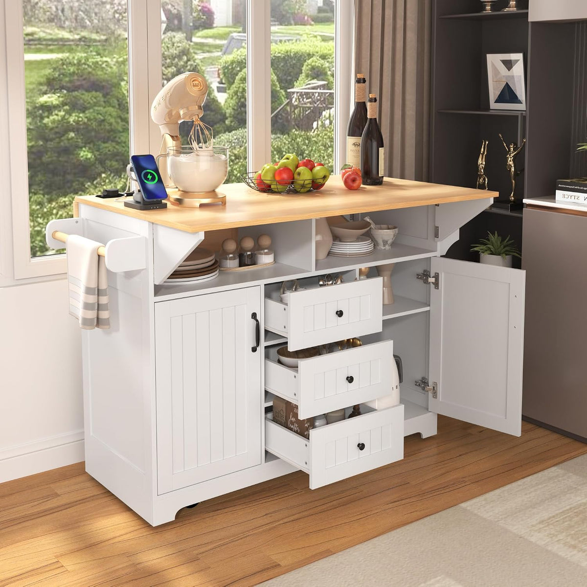 GDFStudio 55.7" Large Kitchen Island with 2 Drop Leaf,Rolling Kitchen Cart on 5 Wheels with Outlet, Folding Storage Dining Table with Spice & Towel Rack,3 Drawers,for Kitchen, Dining Room,White