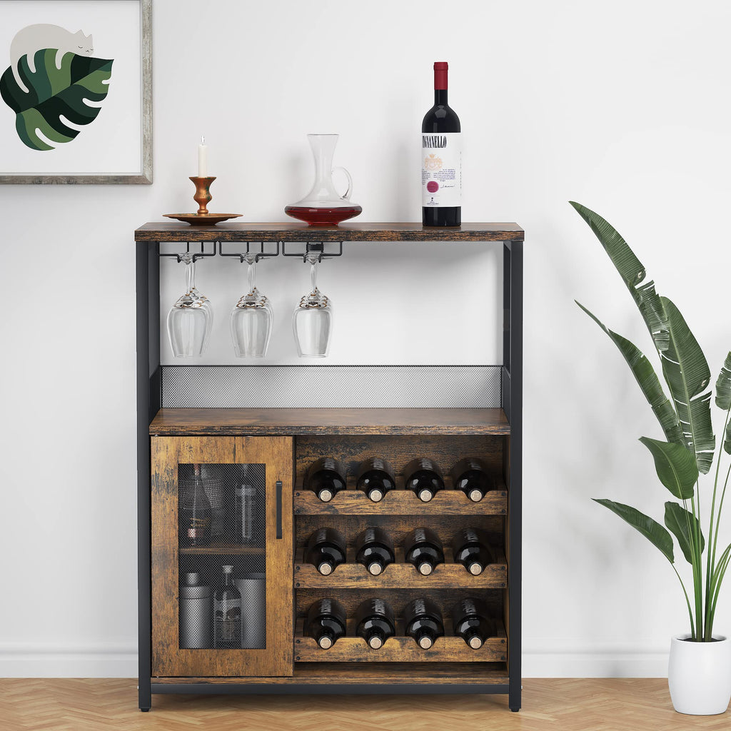 Wine Bar Cabinet, 3-Tier Detachable Wine Rack, Stemware Glass Holder, Mesh Door & Storage Shelves, Liquor Storage Buffet Sideboard for Kitchen, Dining Room, Living Room or Home Bar - Black