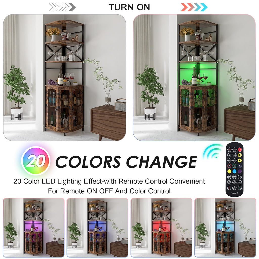 Wine Bar Cabinet with Power Outlet, 6-Tiers Industrial Wine Cabinet with LED Light and Glass Holder, Corner Bar Cabinet with Adjustable Shelf and Mesh Door, Liquor Cabinet Bar for Home