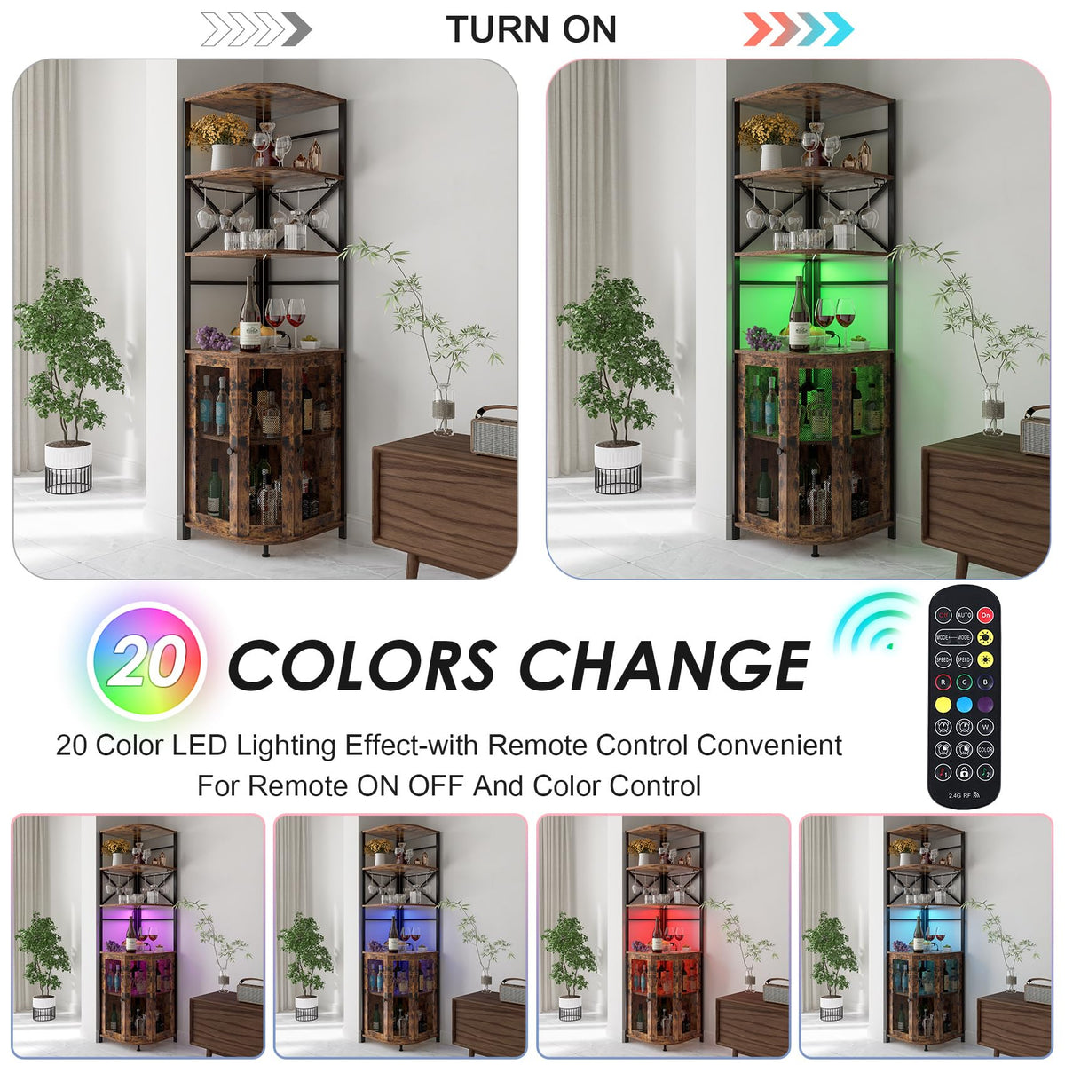 Wine Bar Cabinet with Power Outlet, 6-Tiers Industrial Wine Cabinet with LED Light and Glass Holder, Corner Bar Cabinet with Adjustable Shelf and Mesh Door, Liquor Cabinet Bar for Home
