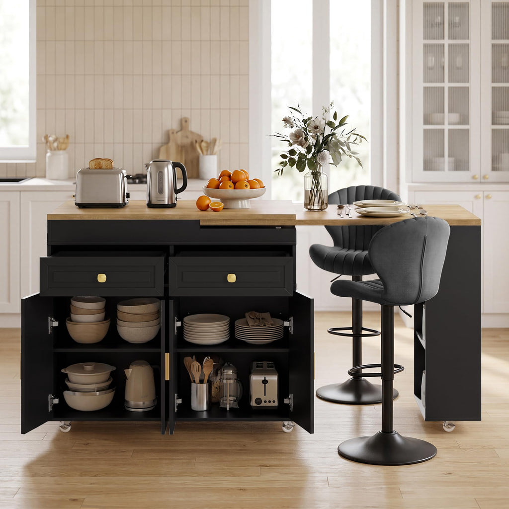 3-in-1 Extendable Kitchen Island with Extendable and Swivel Dining Table