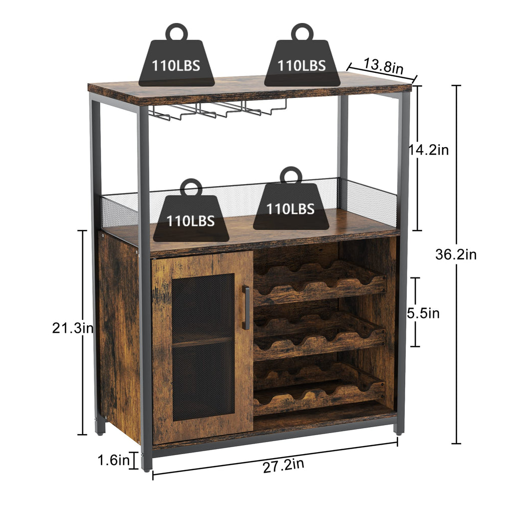 Wine Bar Cabinet, 3-Tier Detachable Wine Rack, Stemware Glass Holder, Mesh Door & Storage Shelves, Liquor Storage Buffet Sideboard for Kitchen, Dining Room, Living Room or Home Bar - Black