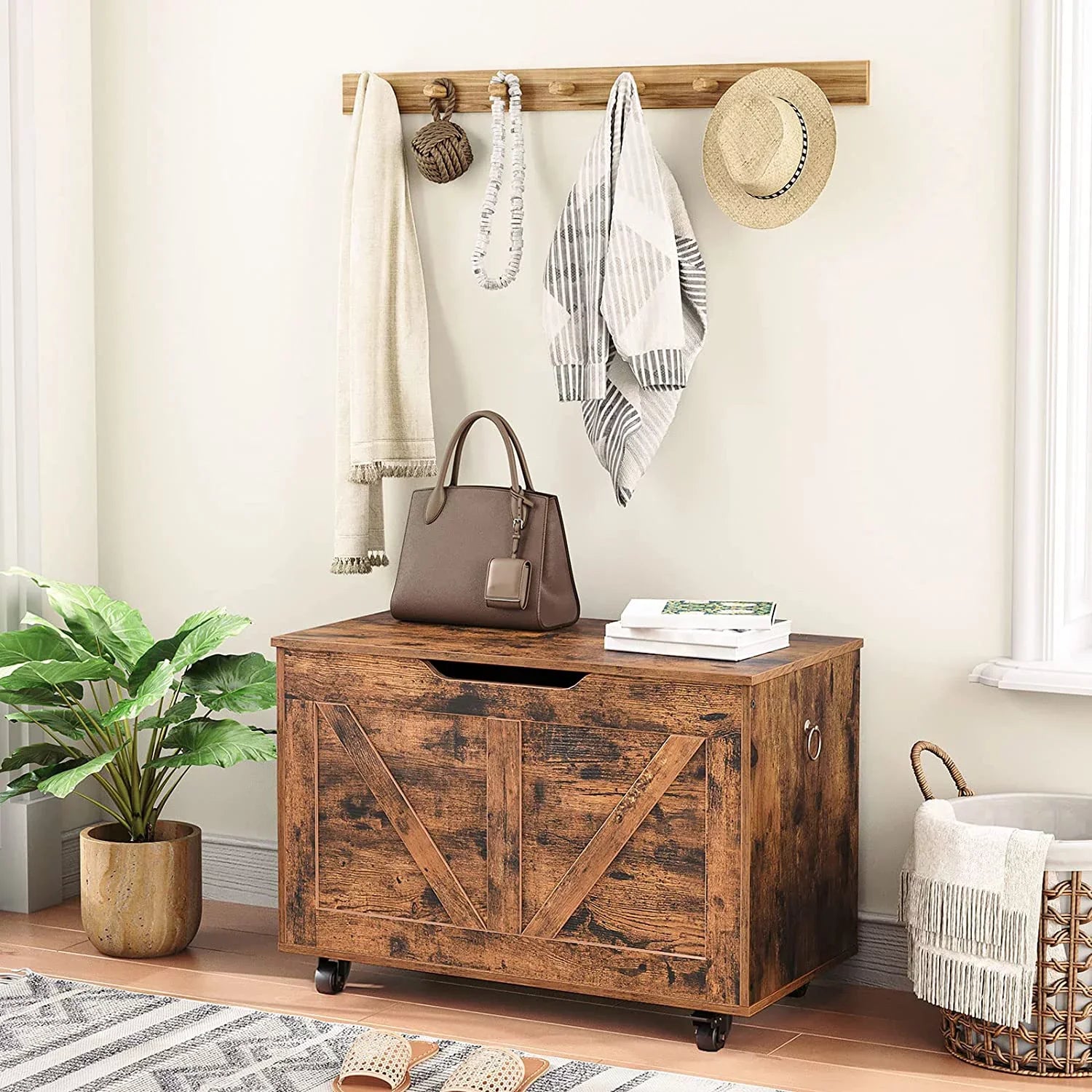 WAGEE Sturdy Bench, Brown Wheels, Bench, Entryway Rustic Storage Opening, U-Shaped Chest, Hinge, Safety Assembly, Easy lb, FG74CW01 Trunk Movable, Shoe Storage 220 Supports Wooden on Bench Storage
