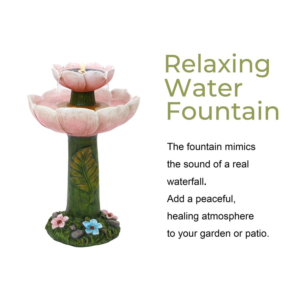 Solar Birdbath with LuxenHome Resin 2-Tier Lights Flower Pink Powered Fountain