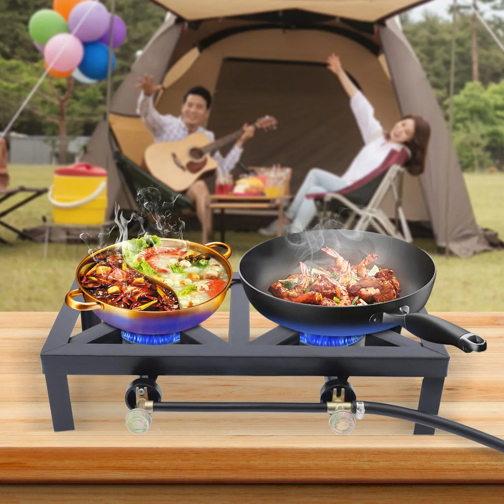 BBQ Stove Propane Hiking Cooker Camping W/ Outdoor 2 Gas Portable Burners Hose 8KW/27295BTU