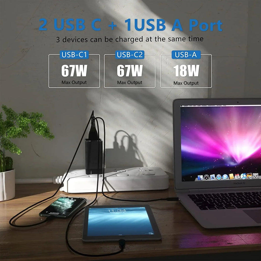67W Plug Port GaN PD&QC with Power Foldable Adapter Charger, 3 USB C USB Wall USB Adapter, C for