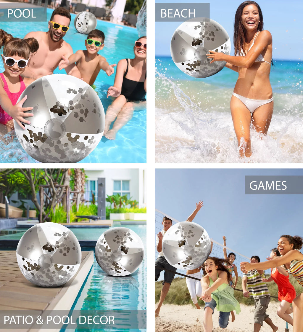 Confetti Duty 4 Vacation, Silver - Pack Premium of Bundle Fun Toys Party, 4 Set Beach, & Lake, Balls Balls, Beach Water for Pool Gold 16 Inch, Inflatable Size - Pool Decor Float Heavy Mozlly of