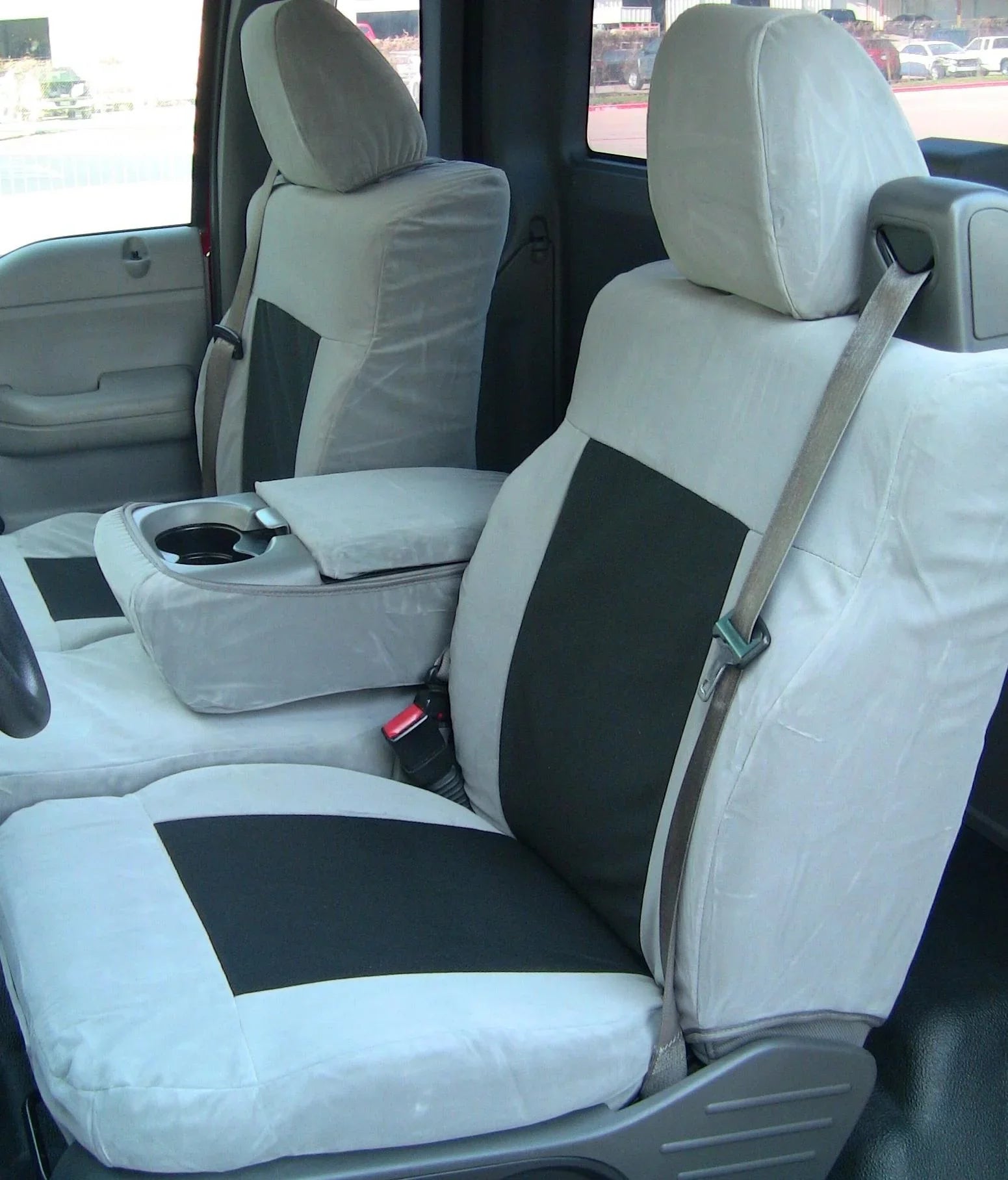 Two Adjustable Twill XLT Tone Black Super F150 Front Seat and Ford Gray Center Cab Headrests 40/20/40 Split Velour With F369 in Opening and Dark 2004-2008 Console