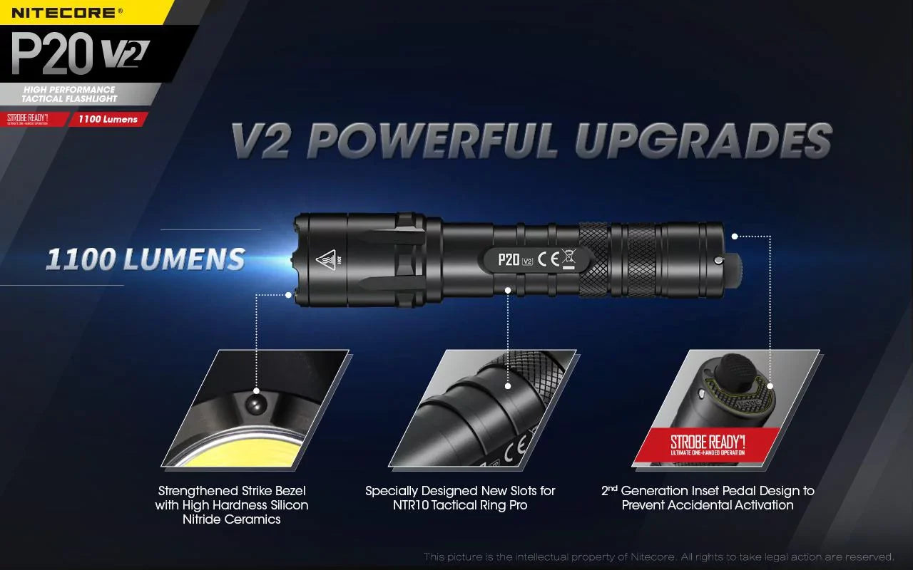 Cord CREE XP-L2 Flashlight 1100 - Battery P20 - Nitecore w/NL1834R +Free Eco-Sensa USB LED Combo: Tactical Lumens V6 V2