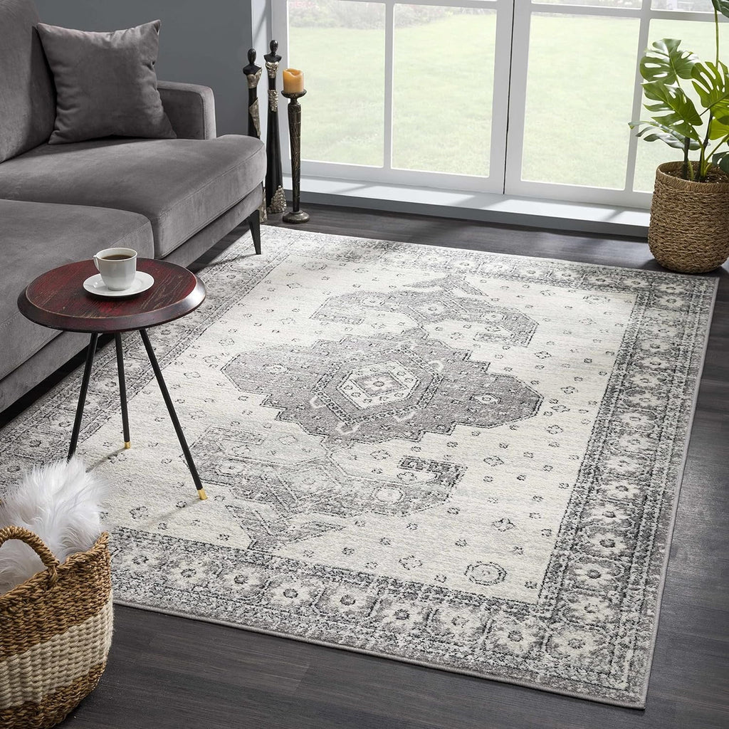 '- - Goksun 7'10" Vintage Pattern Rug Living Persian Beige Indoor 10' Room, Distressed Area Marash Medallion Grey, X - Collection Boho Traditional Oriental - Bedroom,
