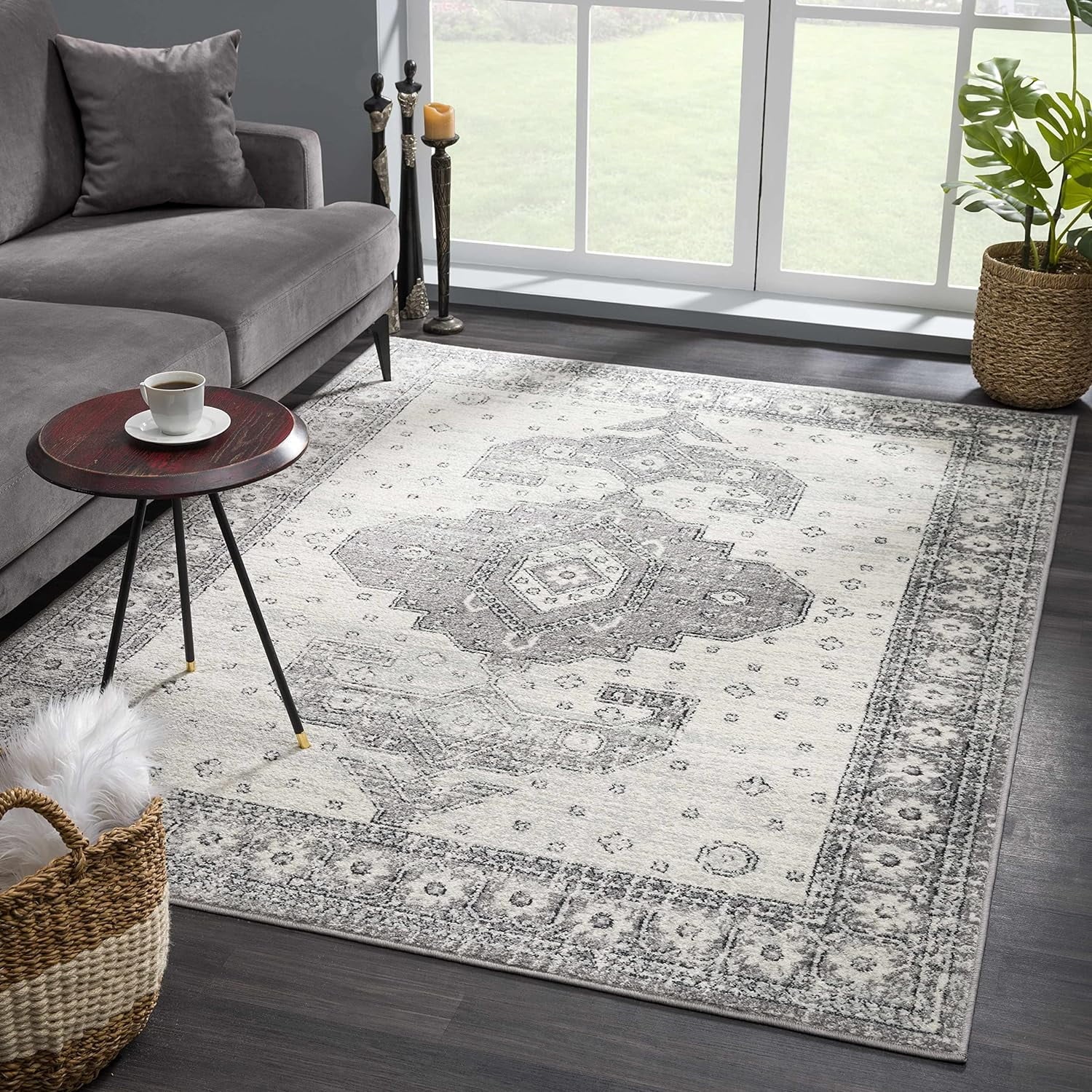 '- - Goksun 7'10" Vintage Pattern Rug Living Persian Beige Indoor 10' Room, Distressed Area Marash Medallion Grey, X - Collection Boho Traditional Oriental - Bedroom,