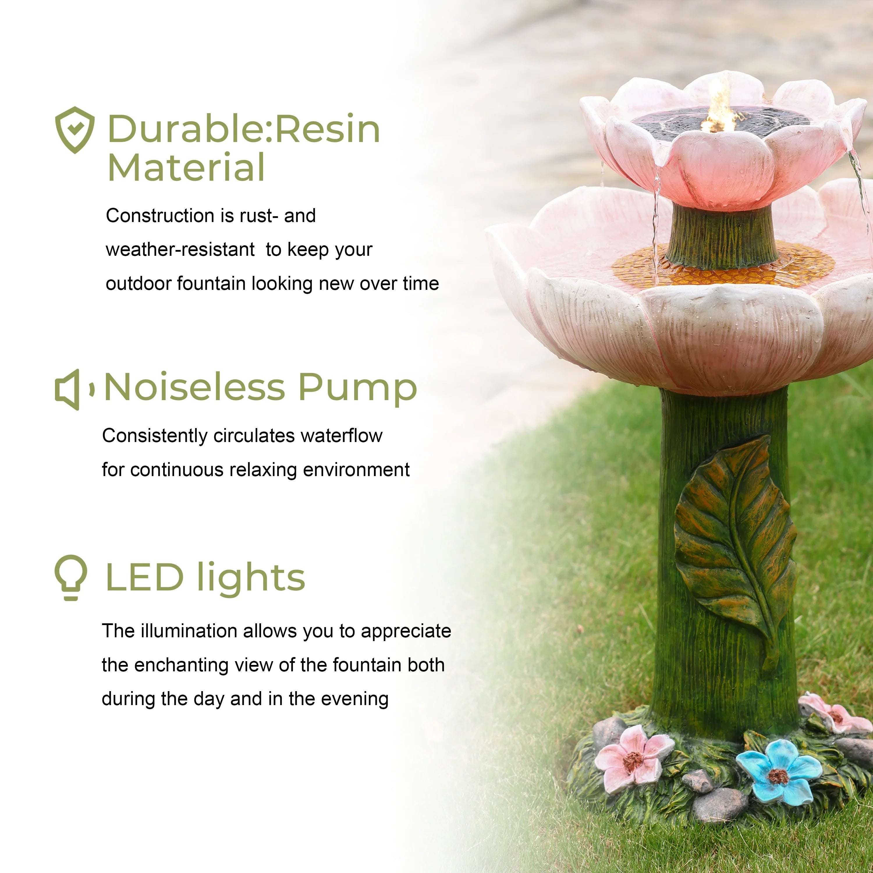 Solar Birdbath with LuxenHome Resin 2-Tier Lights Flower Pink Powered Fountain