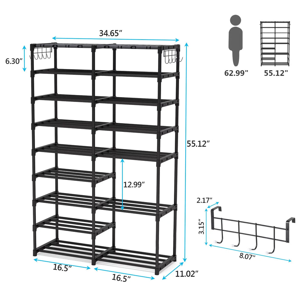 Shoe Storage Removable Tower Black Stackable Closet Large for Tiers 32-40 Shoe Pairs Storage, Boot Shoe Dustproof Shoe for Stand Rack 2 Boot Hooks with Organizer 9 Shelf Organizer Fiuion Shoe