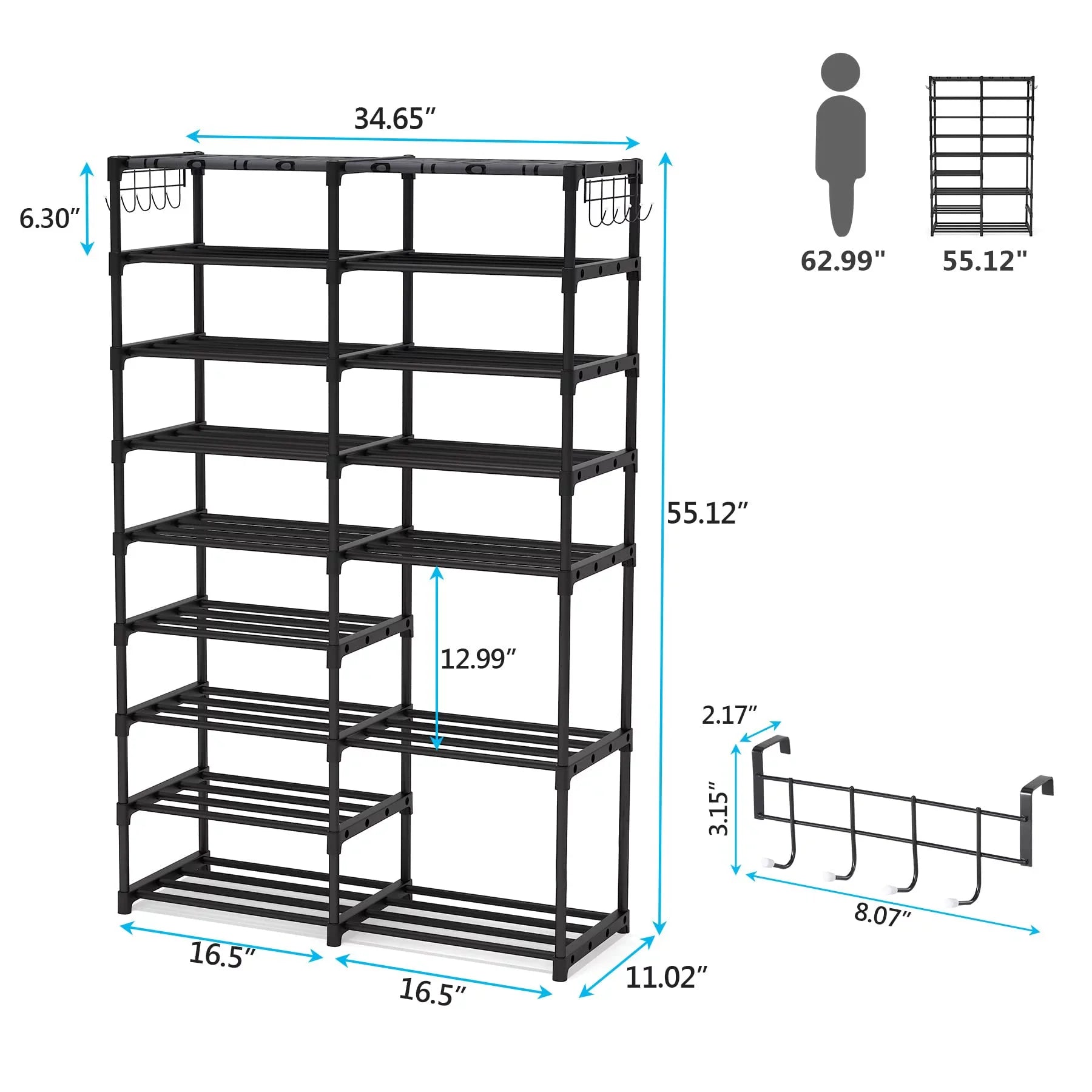 Shoe Storage Removable Tower Black Stackable Closet Large for Tiers 32-40 Shoe Pairs Storage, Boot Shoe Dustproof Shoe for Stand Rack 2 Boot Hooks with Organizer 9 Shelf Organizer Fiuion Shoe