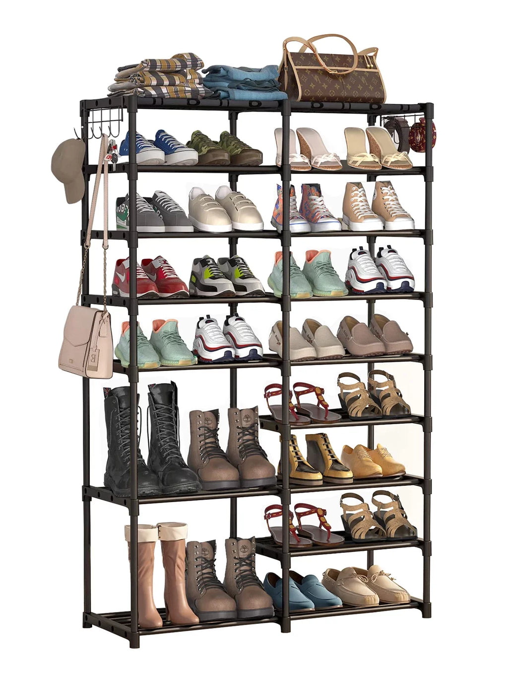 Shoe Storage Removable Tower Black Stackable Closet Large for Tiers 32-40 Shoe Pairs Storage, Boot Shoe Dustproof Shoe for Stand Rack 2 Boot Hooks with Organizer 9 Shelf Organizer Fiuion Shoe