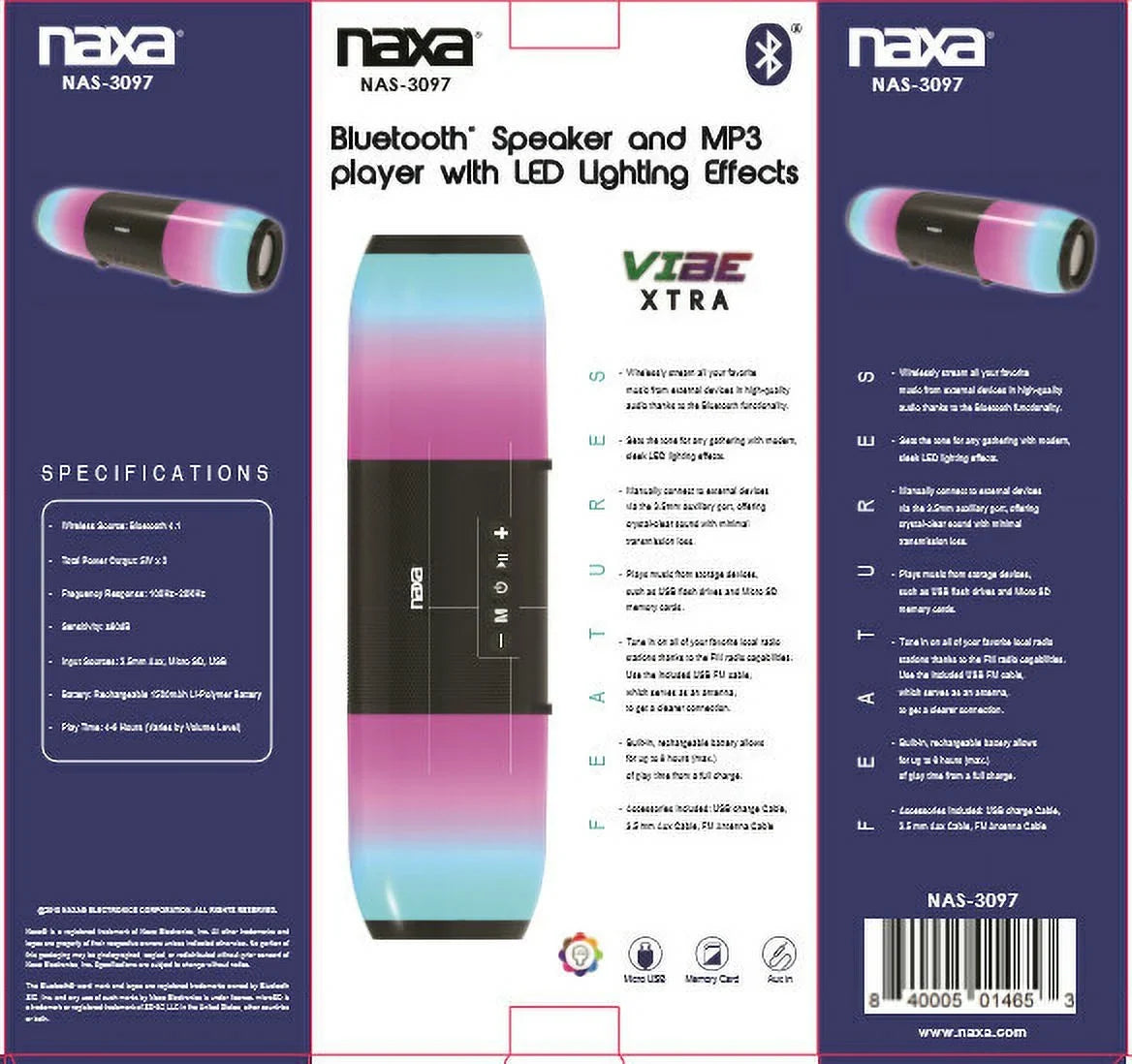 Bluetooth Naxa Black, NAS3097Portable Speaker, NAS3097